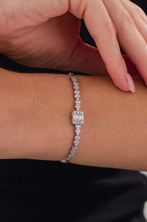 Gümüş Pazarım Baget Taşlı Rodyum Kaplama Su Yolu 925 Ayar Gümüş Bileklik