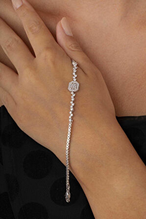 Gümüş Pazarım Pırlanta Montür Sıralı Tek Taş Rodyum Kaplama Baget Gümüş Bileklik