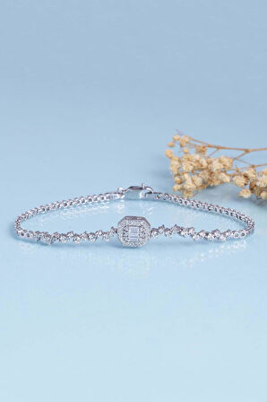 Gümüş Pazarım Pırlanta Montür Sıralı Tek Taş Rodyum Kaplama Baget Gümüş Bileklik