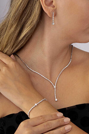 Gümüş Pazarım Tektaş Detaylı Su Yolu Rodyum Kaplama 925 Ayar Gümüş Düğün Seti