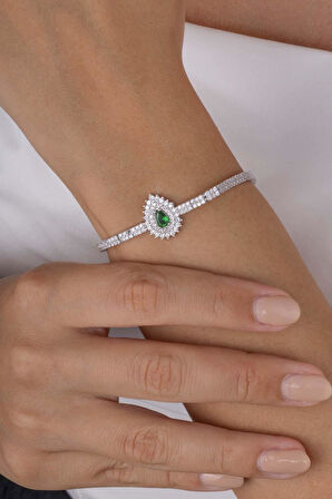 Gümüş Pazarım Hürrem Sultan Modeli Zümrüt Taşllı Damla Motifli 925 Ayar Gümüş Bileklik