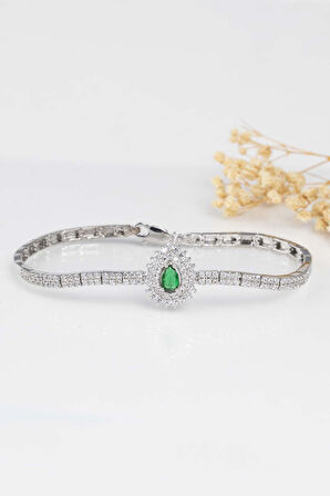 Gümüş Pazarım Hürrem Sultan Modeli Zümrüt Taşllı Damla Motifli 925 Ayar Gümüş Bileklik
