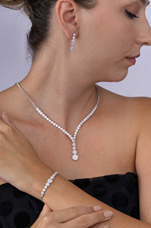 Gümüş Pazarım Süzme Su Yolu Rodyum Kaplama 925 Ayar Gümüş Düğün Seti