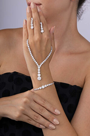 Gümüş Pazarım Süzme Su Yolu Rodyum Kaplama 925 Ayar Gümüş Düğün Seti