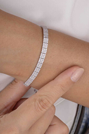 Gümüş Pazarım Beyaz Altın Kaplama 3 Sıra Su Yolu 925 Ayar Gümüş Bileklik