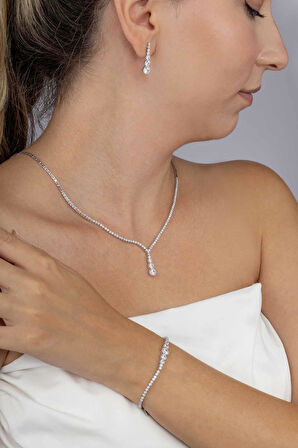 Gümüş Pazarım Pırlanta Montür Yuvarlak Kesim Su Yolu Gümüş Düğün Seti