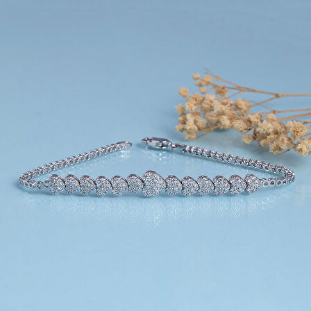 Gümüş Pazarım Kalp Süzmesi 925 Ayar Gümüş Rodyum Kaplama Su Yolu Bileklik