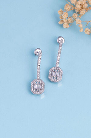 Gümüş Pazarım Baget Taşlı Rodyum Kaplama 925 Ayar Gümüş Küpe