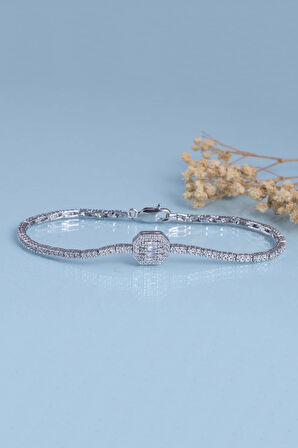 Gümüş Pazarım Baget Taşlı Rodyum Kaplama 925 Ayar Gümüş Bileklik