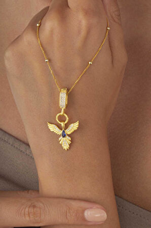 Gümüş Pazarım Safir Taşlı Altın Kaplama Anka Kuşu 925 Ayar Gümüş Kolye