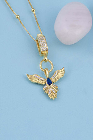 Gümüş Pazarım Safir Taşlı Altın Kaplama Anka Kuşu 925 Ayar Gümüş Kolye