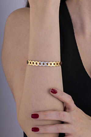 Göz İşlemeli Altın Kaplama Zincir Geçişli Taşlı Çelik Kadın Kelepçe Bileklik