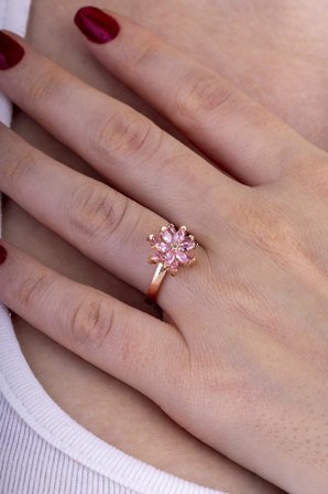Gümüş Pazarım Pembe Renkli Lotus Çiçeği Gümüş Yüzük