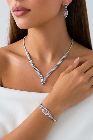 Gümüş Pazarım Prenses Serenadı Pembe Taşlı Gerdanlık Gümüş Set