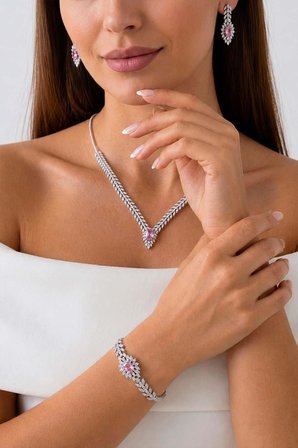 Gümüş Pazarım Prenses Serenadı Pembe Taşlı Gerdanlık Gümüş Set