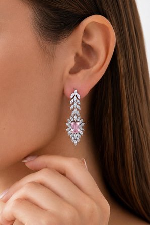 Gümüş Pazarım Prenses Serenadı Pembe Taşlı Detaylı Gümüş Küpe