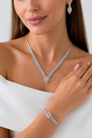 Gümüş Pazarım Prenses Serenadı Sarı Taşlı Gerdanlık Gümüş Set