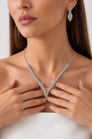 Gümüş Pazarım Prenses Serenadı Sarı Taşlı Gerdanlık Gümüş Set