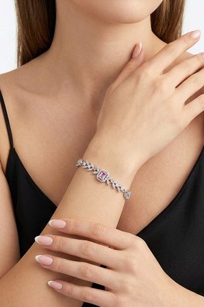 Gümüş Pazarım Pembe Baget Taşlı Yaprak Motifli 925 Ayar Gümüş Bileklik