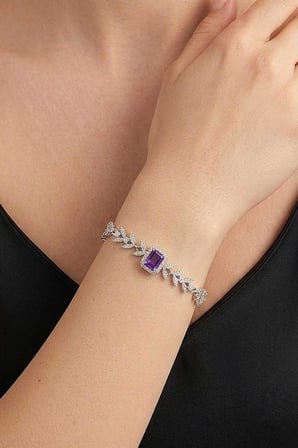 Gümüş Pazarım Mor Baget Taşlı Yaprak Motifli 925 Ayar Gümüş Bileklik