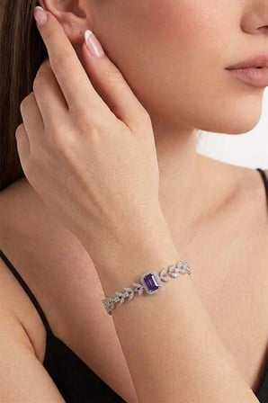 Gümüş Pazarım Mor Baget Taşlı Yaprak Motifli 925 Ayar Gümüş Bileklik