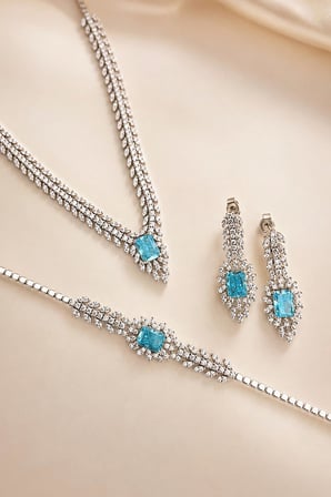 Gümüş Pazarım Prenses Serenadı Mavi Taşlı Gerdanlık Gümüş Set