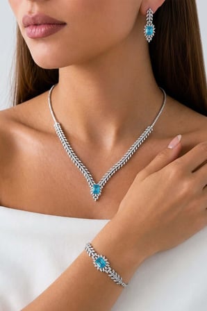 Gümüş Pazarım Prenses Serenadı Mavi Taşlı Gerdanlık Gümüş Set