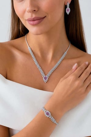 Gümüş Pazarım Prenses Serenadı Mor Taşlı Gerdanlık Gümüş Set