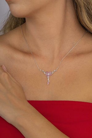 Gümüş Pazarım Pembe Taşlı Manolya Çiçeği Kadın Gümüş Kolye
