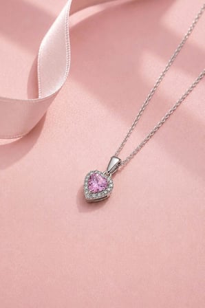 Gümüş Pazarım Pembe Taşlı Kalp Gümüş Kolye