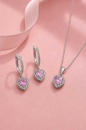 Gümüş Pazarım Pembe Taşlı Kalp Gümüş Set