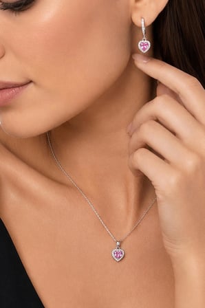 Gümüş Pazarım Pembe Taşlı Kalp Gümüş Set