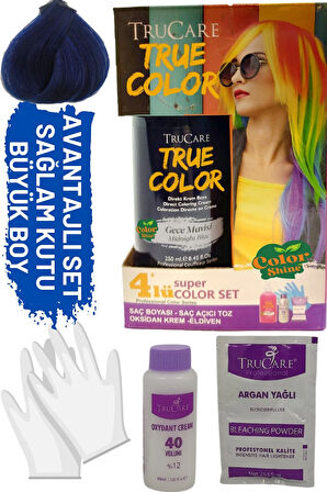 Truecolor Gece Mavisi Saç Boyası Seti Saç Açıcı ve Eldivenli