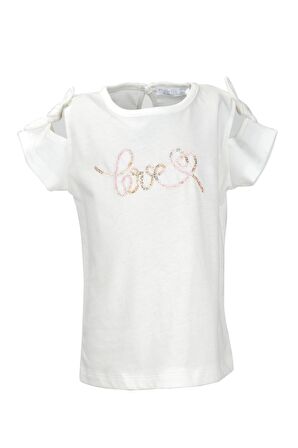 Kız Bebek Beyaz Love Pullu Omuz Fiyonklu T-Shirt (9ay-4yaş)