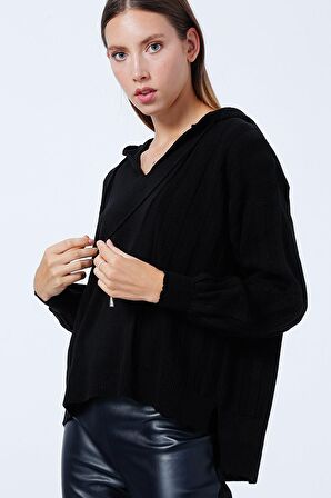 Fashion Friends Kapüşon Yaka Oversized Düz Siyah Kazak Kadın 22K0267K1