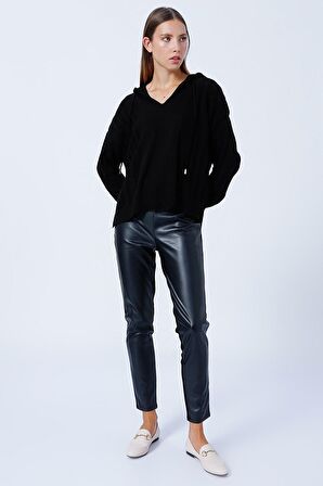 Fashion Friends Kapüşon Yaka Oversized Düz Siyah Kazak Kadın 22K0267K1