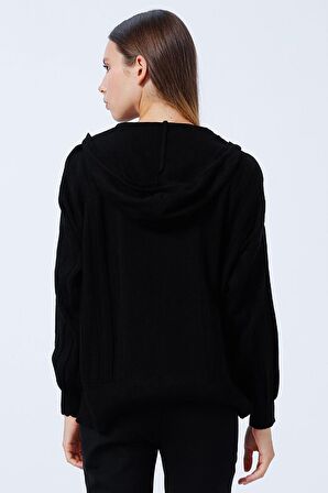 Fashion Friends Kapüşon Yaka Oversized Düz Siyah Kazak Kadın 22K0267K1