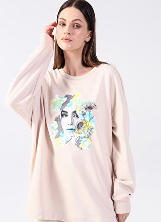 Fashion Friends Bisiklet Yaka Baskılı Bej Kadın Sweatshırt 22K0399K1