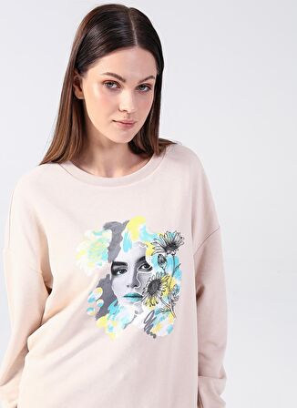 Fashion Friends Bisiklet Yaka Baskılı Bej Kadın Sweatshırt 22K0399K1