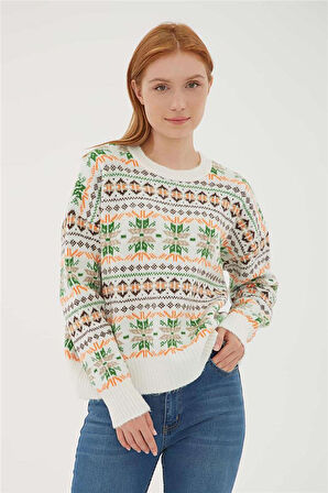 Fashion Friends Kadın Desenli Crop Kazak 23K-KZK0140K1 Ekru