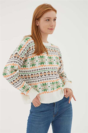 Fashion Friends Kadın Desenli Crop Kazak 23K-KZK0140K1 Ekru