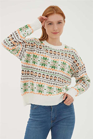Fashion Friends Kadın Desenli Crop Kazak 23K-KZK0140K1 Ekru