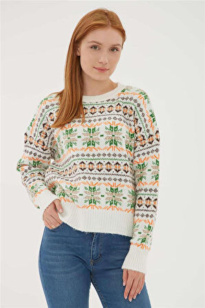 Fashion Friends Kadın Desenli Crop Kazak 23K-KZK0140K1 Ekru