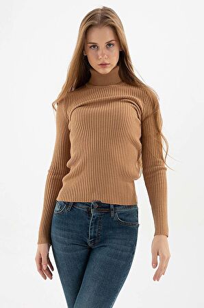 Kadın Fitilli Balıkçı Yaka Kazak 23K0288K1 Camel