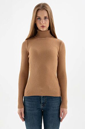 Kadın Fitilli Balıkçı Yaka Kazak 23K0288K1 Camel