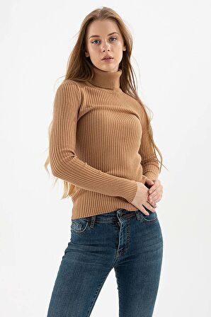 Kadın Fitilli Balıkçı Yaka Kazak 23K0288K1 Camel