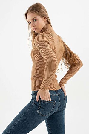 Kadın Fitilli Balıkçı Yaka Kazak 23K0288K1 Camel