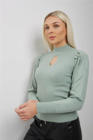 Kadın Pencere Detaylı Kazak 23K0397K1 Çağla