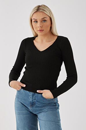 V Yaka Saç Örgülü Bluz