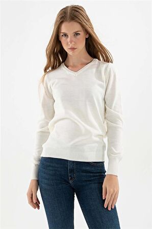 Kadın V Yaka Kazak 23K0244K1 Ekru